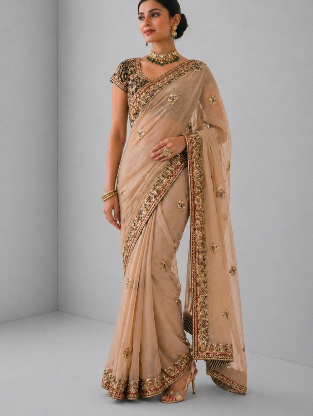 Embellished Indian Nude Beige Saree with Intricate Border Size MEDIUM